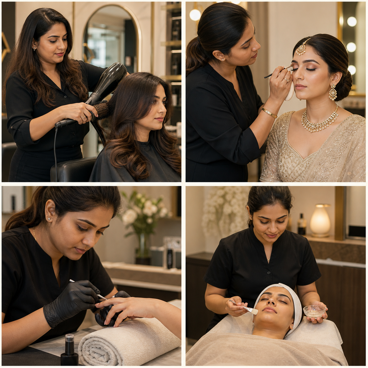 Four premium Indian salon service scenes: hairstyling, bridal makeup, manicure and facial care